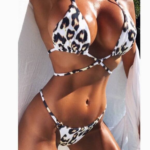 Plumeria Swimwear Ariel Cheetah Print Halter Bikini Top Cheeky Bottoms Large NWT - Picture 1 of 12